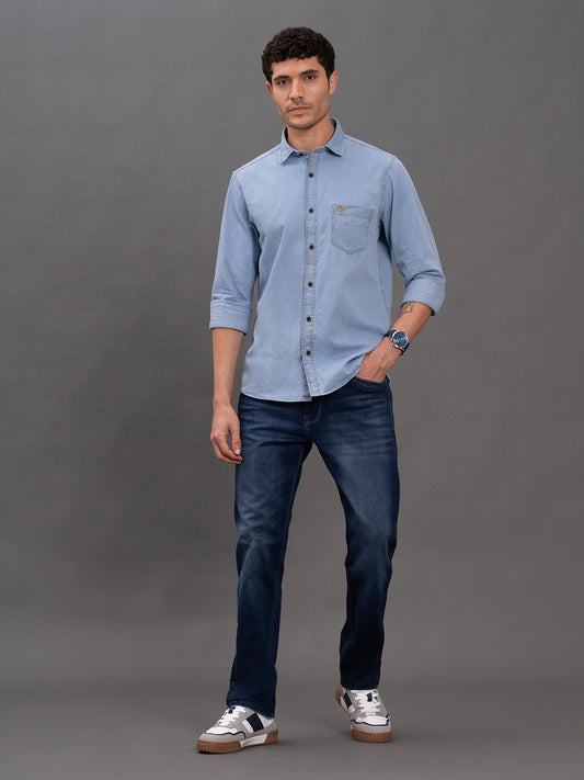 Men's Dark Blue Denim Slim Fit Full Sleeve Casual Shirt