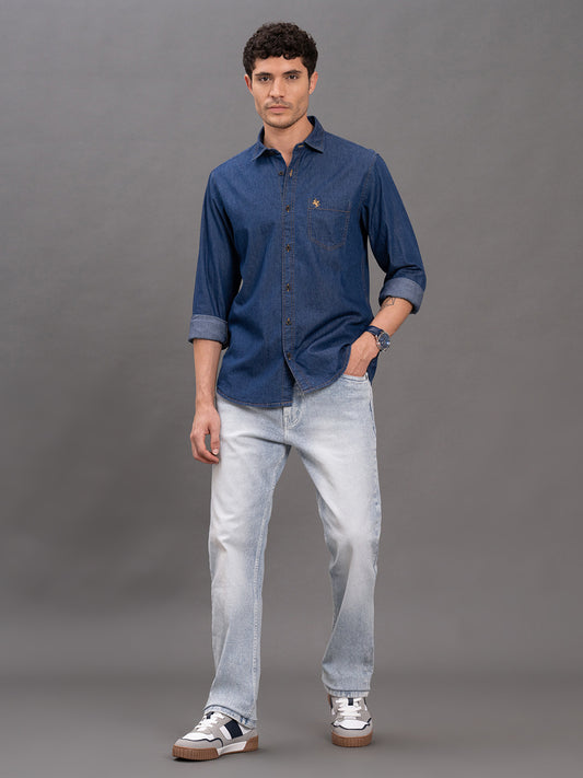 Men's Ice Blue Denim Slim Fit Full Sleeve Casual Shirt