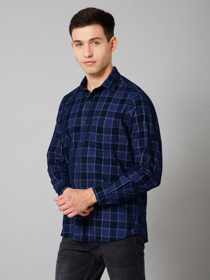 Men's Navy Blue Casual Corduroy Big Checks Full Sleeve Shirt