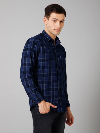 Men's Navy Blue Casual Corduroy Big Checks Full Sleeve Shirt