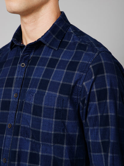 Men's Navy Blue Casual Corduroy Big Checks Full Sleeve Shirt