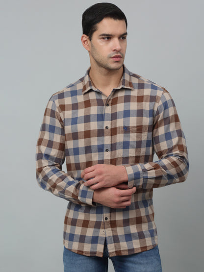 Men's Beige Casual Brushed Medium Checks Full Sleeve Shirt