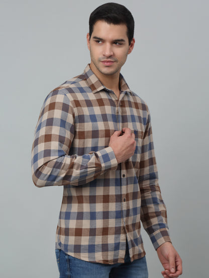 Men's Beige Casual Brushed Medium Checks Full Sleeve Shirt