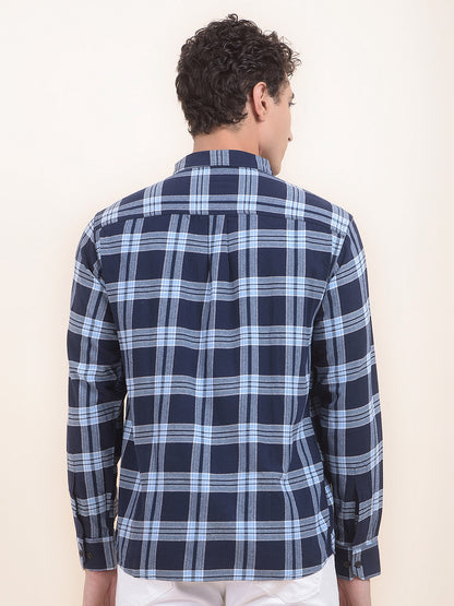 Men's Navy Checkered Slim Fit Full Sleeve Casual Shirt