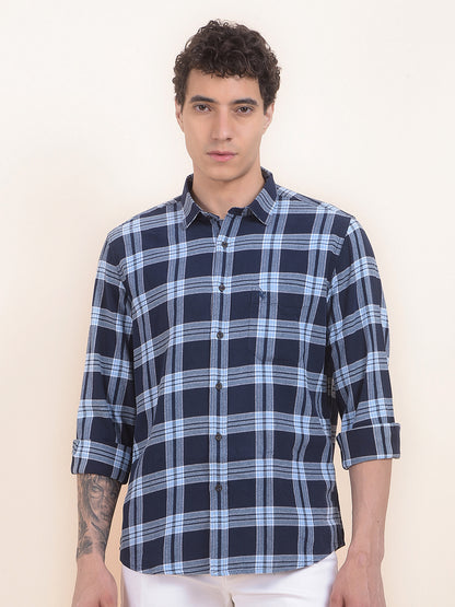Men's Navy Checkered Slim Fit Full Sleeve Casual Shirt
