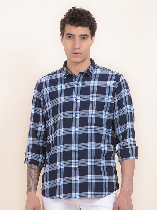 Men's Navy Checkered Slim Fit Full Sleeve Casual Shirt