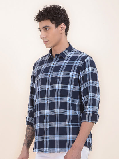 Men's Navy Checkered Slim Fit Full Sleeve Casual Shirt
