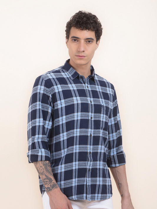 Men's Navy Checkered Slim Fit Full Sleeve Casual Shirt