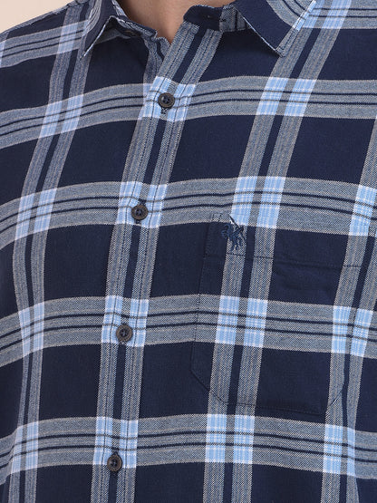 Men's Navy Checkered Slim Fit Full Sleeve Casual Shirt
