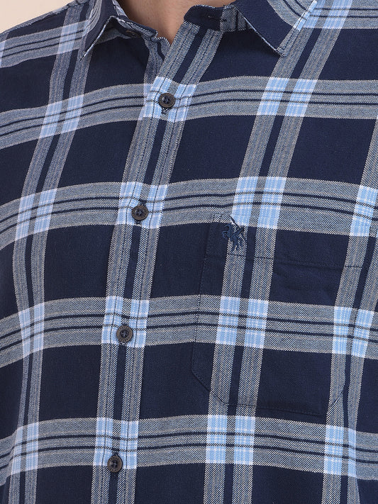 Men's Navy Checkered Slim Fit Full Sleeve Casual Shirt