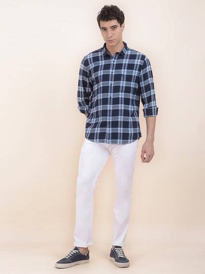 Men's Navy Checkered Slim Fit Full Sleeve Casual Shirt