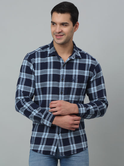 Men's Navy Blue Casual Brushed Big Checks Full Sleeve Shirt