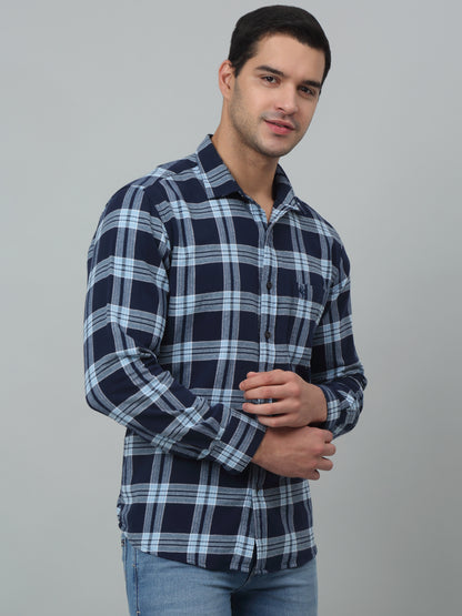 Men's Navy Blue Casual Brushed Big Checks Full Sleeve Shirt