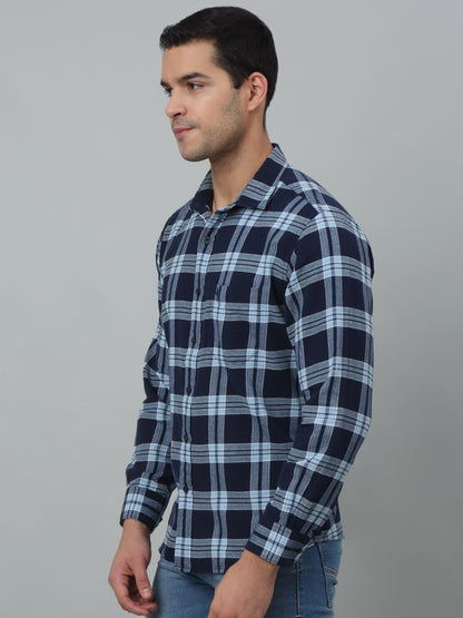 Men's Navy Blue Casual Brushed Big Checks Full Sleeve Shirt