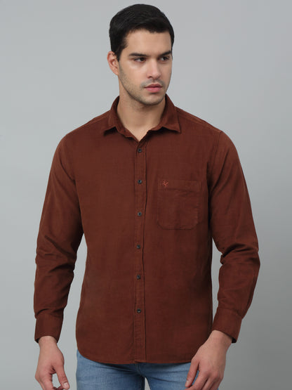 Men's Brown Casual Plain Corduroy Full Sleeve Shirt