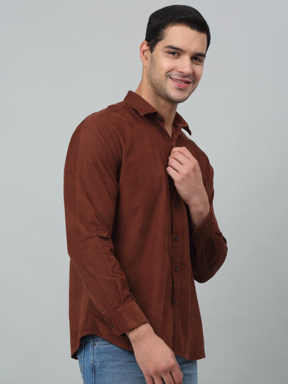 Men's Brown Casual Plain Corduroy Full Sleeve Shirt