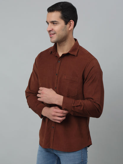 Men's Brown Casual Plain Corduroy Full Sleeve Shirt