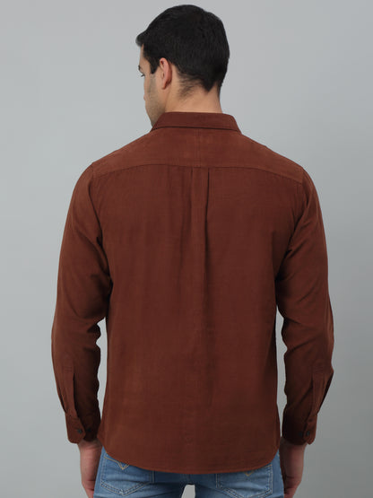 Men's Brown Casual Plain Corduroy Full Sleeve Shirt