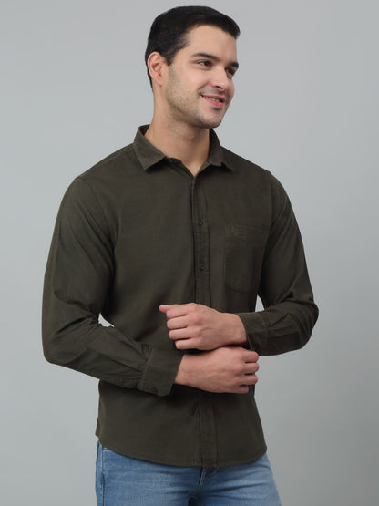 Men's Olive   Casual Plain Corduroy Full Sleeve Shirt