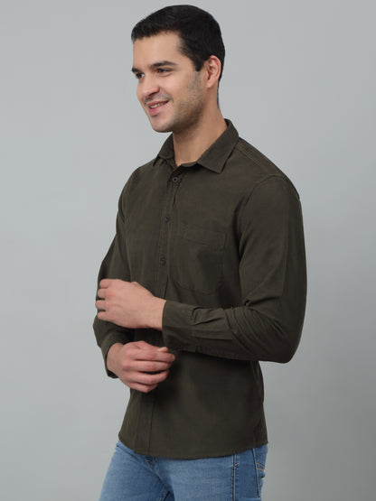 Men's Olive   Casual Plain Corduroy Full Sleeve Shirt