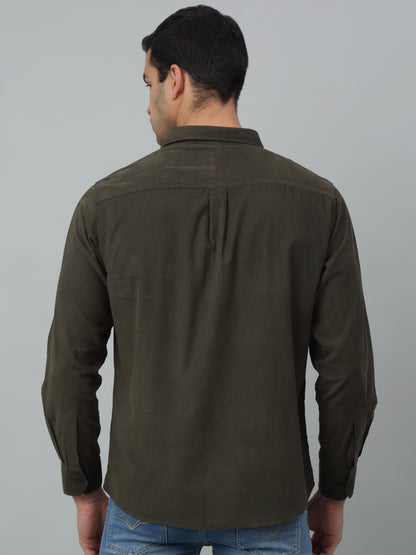 Men's Olive   Casual Plain Corduroy Full Sleeve Shirt