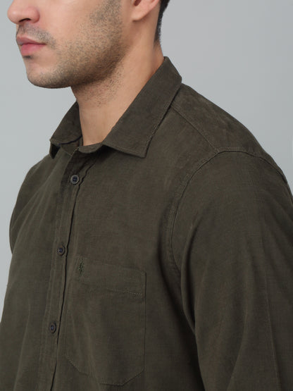 Men's Olive   Casual Plain Corduroy Full Sleeve Shirt