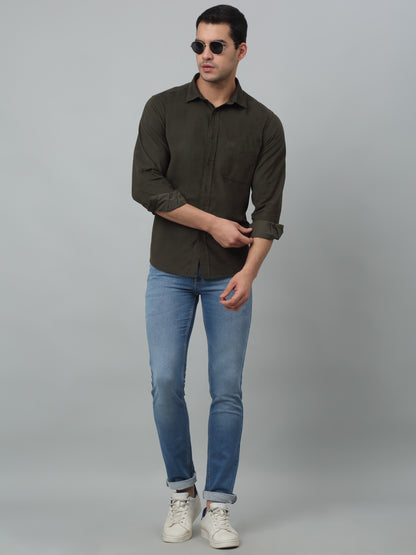 Men's Olive   Casual Plain Corduroy Full Sleeve Shirt