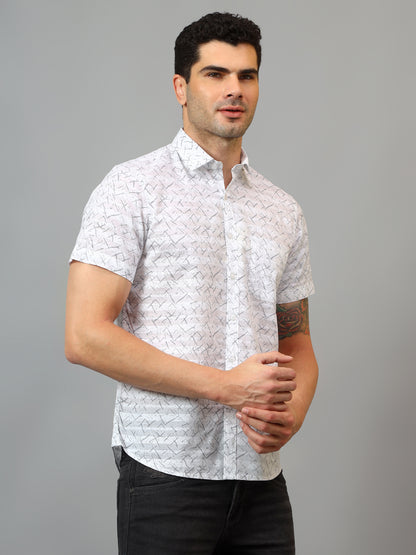 Men's White Casual Abstract Print Half sleeve Shirt