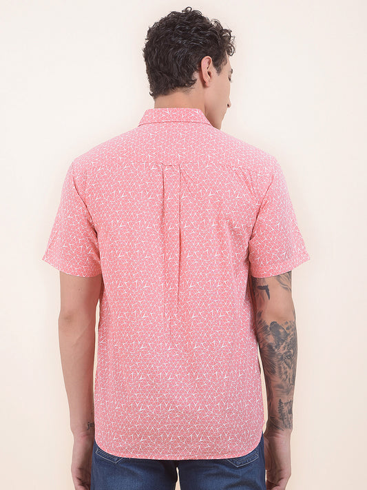 Men's Pink Slim Fit Printed Half Sleeve Casual Shirt