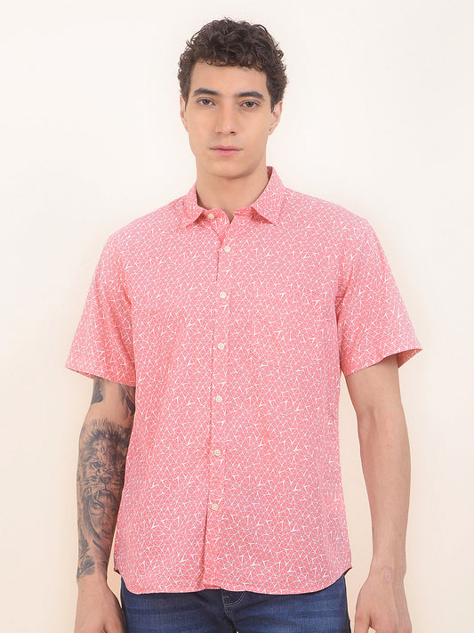 Men's Pink Slim Fit Printed Half Sleeve Casual Shirt