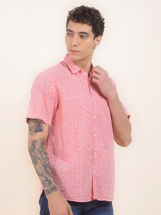 Men's Pink Slim Fit Printed Half Sleeve Casual Shirt