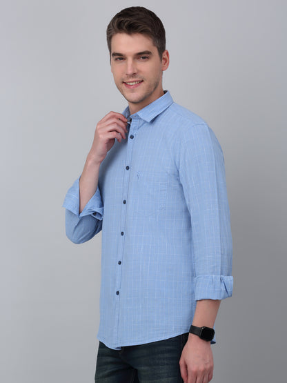 Men's Sky Blue Casual Small Checks Full Sleeve Shirt