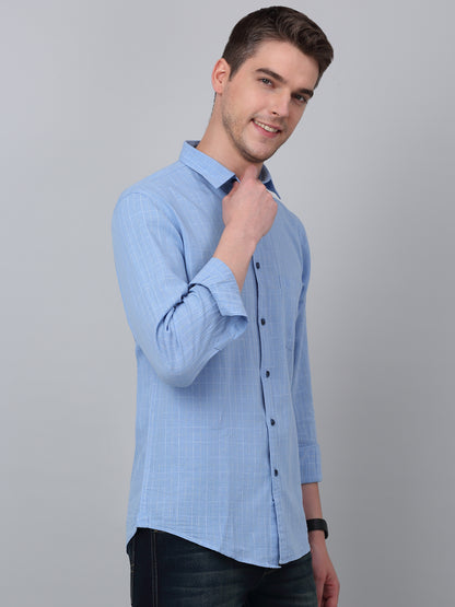 Men's Sky Blue Casual Small Checks Full Sleeve Shirt