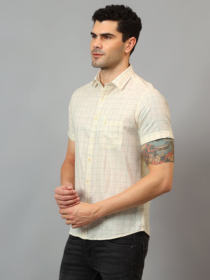 Men's Yellow Casual Small Checks Half sleeve Shirt