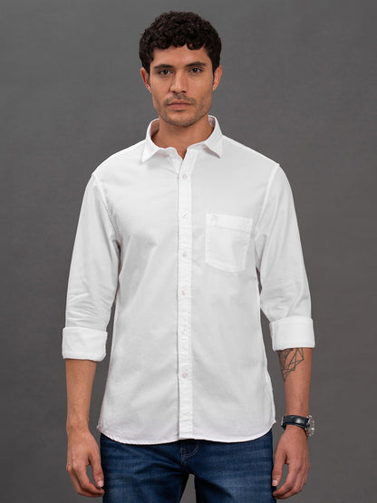 Men's White Geometric Slim Fit Full Sleeve Casual Shirt