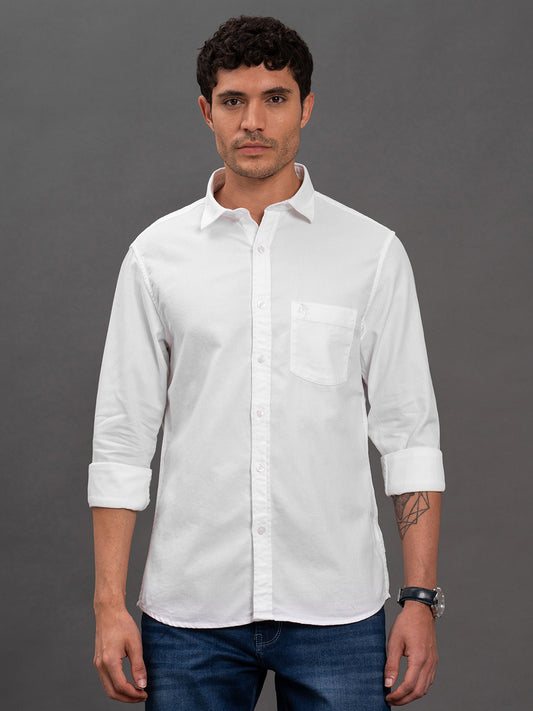 Men's White Geometric Slim Fit Full Sleeve Casual Shirt