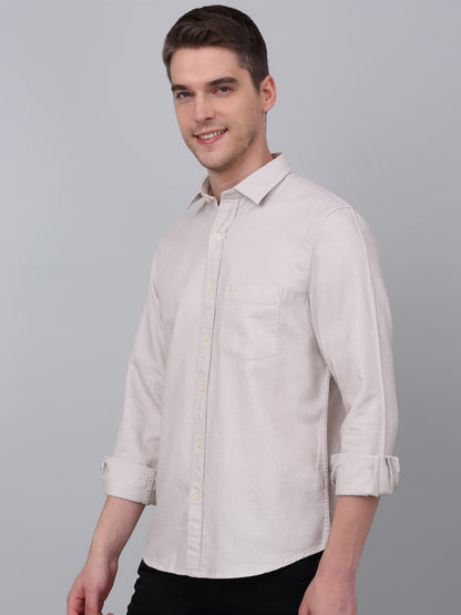 Men's Beige Casual Self Textured Full Sleeve Shirt