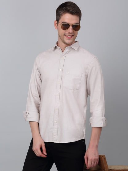 Men's Beige Casual Self Textured Full Sleeve Shirt