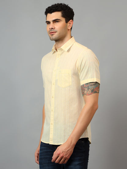 Men's Yellow Casual Thin Stripe Half sleeve Shirt