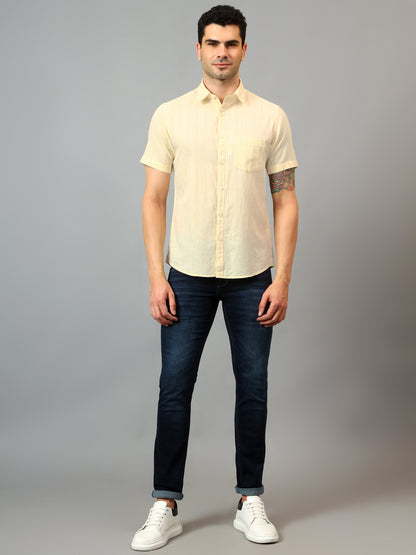 Men's Yellow Casual Thin Stripe Half sleeve Shirt