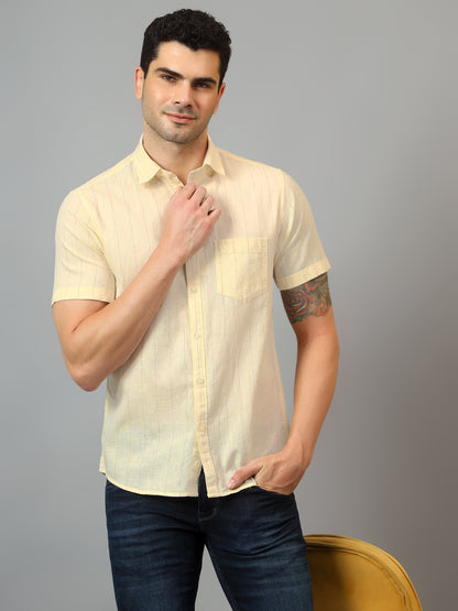 Men's Yellow Casual Thin Stripe Half sleeve Shirt