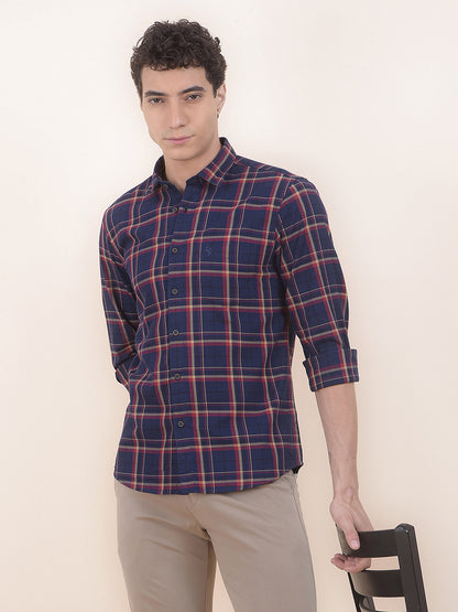 Men's Navy Checkered Slim Fit Full Sleeve Casual Shirt
