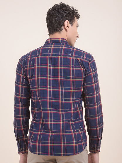 Men's Navy Checkered Slim Fit Full Sleeve Casual Shirt