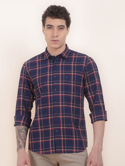 Men's Navy Checkered Slim Fit Full Sleeve Casual Shirt