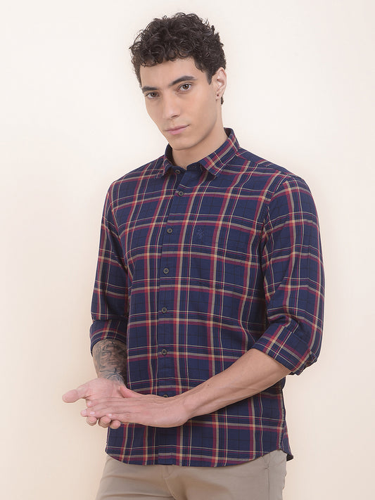 Men's Navy Checkered Slim Fit Full Sleeve Casual Shirt