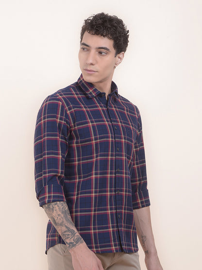 Men's Navy Checkered Slim Fit Full Sleeve Casual Shirt
