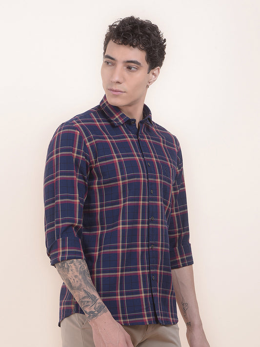 Men's Navy Checkered Slim Fit Full Sleeve Casual Shirt
