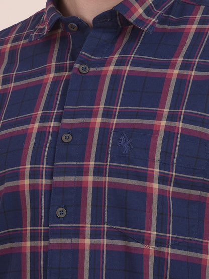 Men's Navy Checkered Slim Fit Full Sleeve Casual Shirt