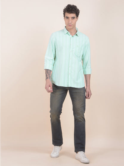 Men's Green Striped Slim Fit Full Sleeve Casual Shirt