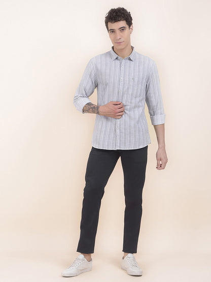 Men's Grey Striped Slim Fit Full Sleeve Casual Shirt
